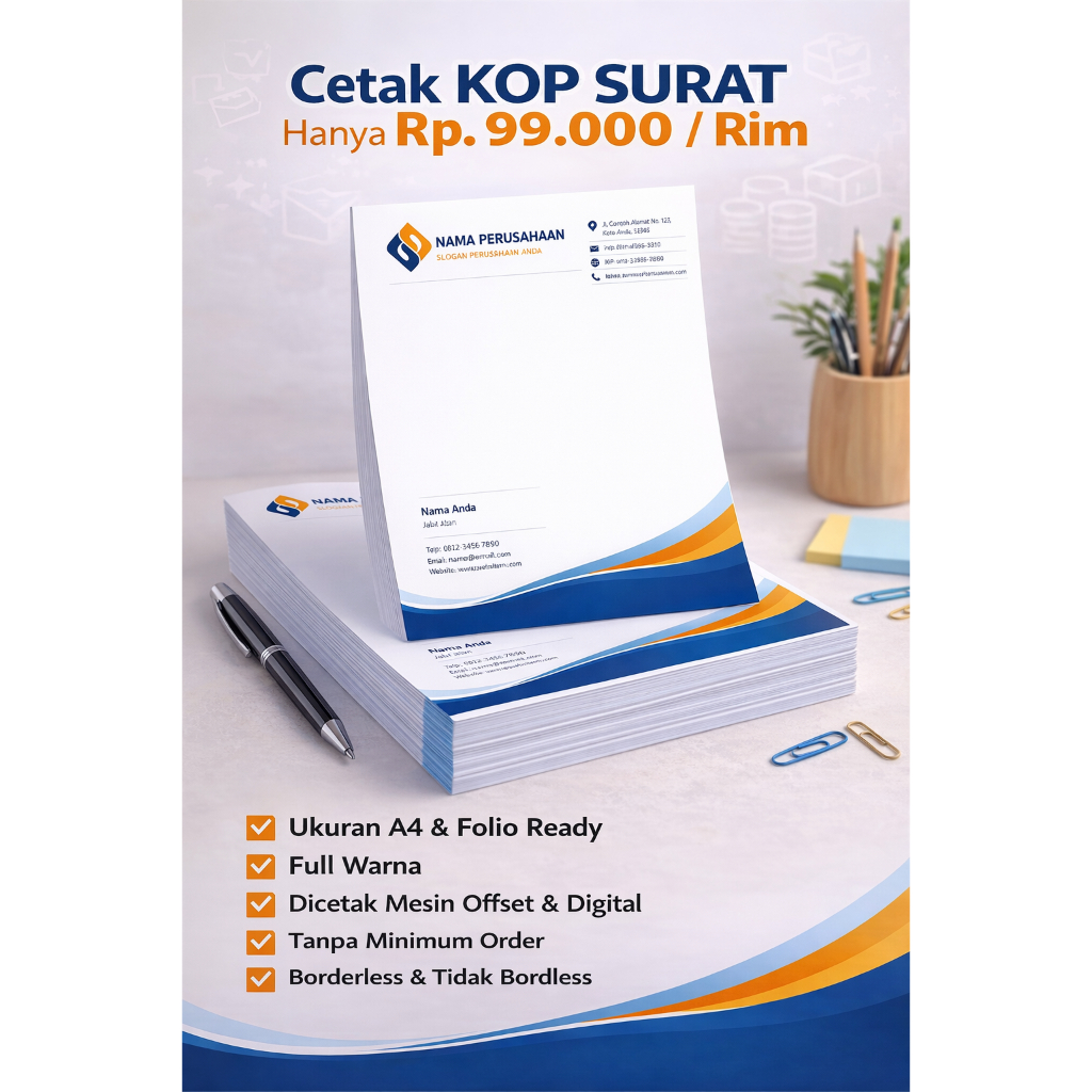 Cetak Kop Surat 1 Rim, Full Color, Tanpa Minimum Order, Termurah
