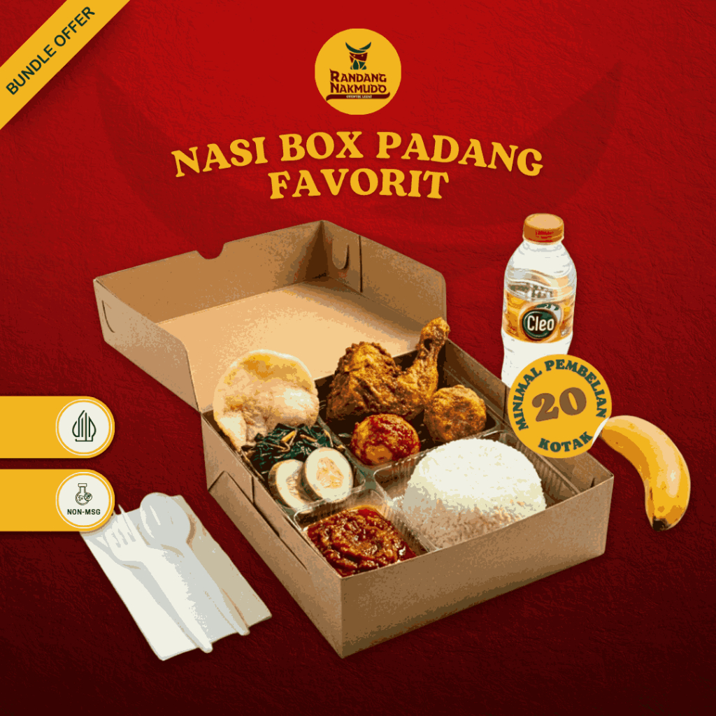 Nasi Padang Kotak Box Catering Ayam Ikan Goreng Telur Perkedel Sambal Buah Lalapan Komplit Enak