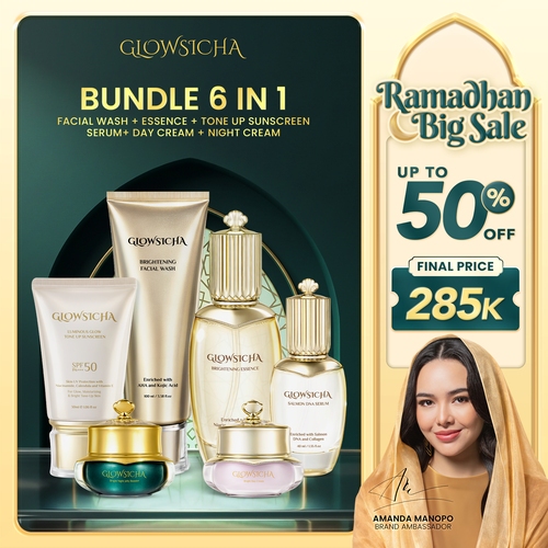 Glowsicha Bundle 6in1 (Facial Wash + Essence + Serum + Night Cream + Day Cream + Sunscreen) Skincare Lengkap Mencerahkan Melembabkan Wajah Glowing Cerah AHA Niacinamide Salmon DNA Collagen Toner Gel Krim Siang Malam