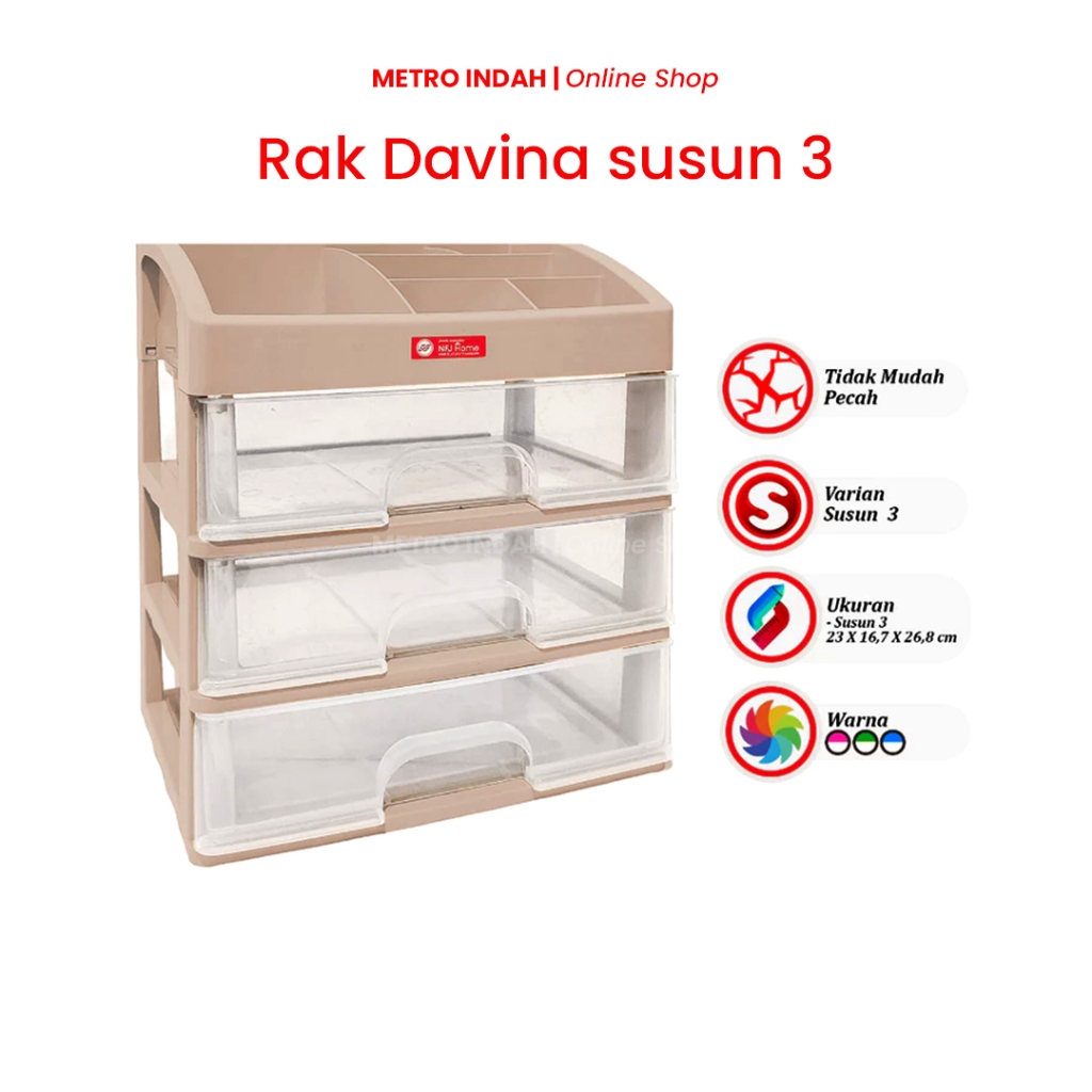 Rak Davina Susun 3 | Rak Kosmetik Multifungsi 3 Laci | Organizer Skincare Make Up Aksesoris Meja Ria