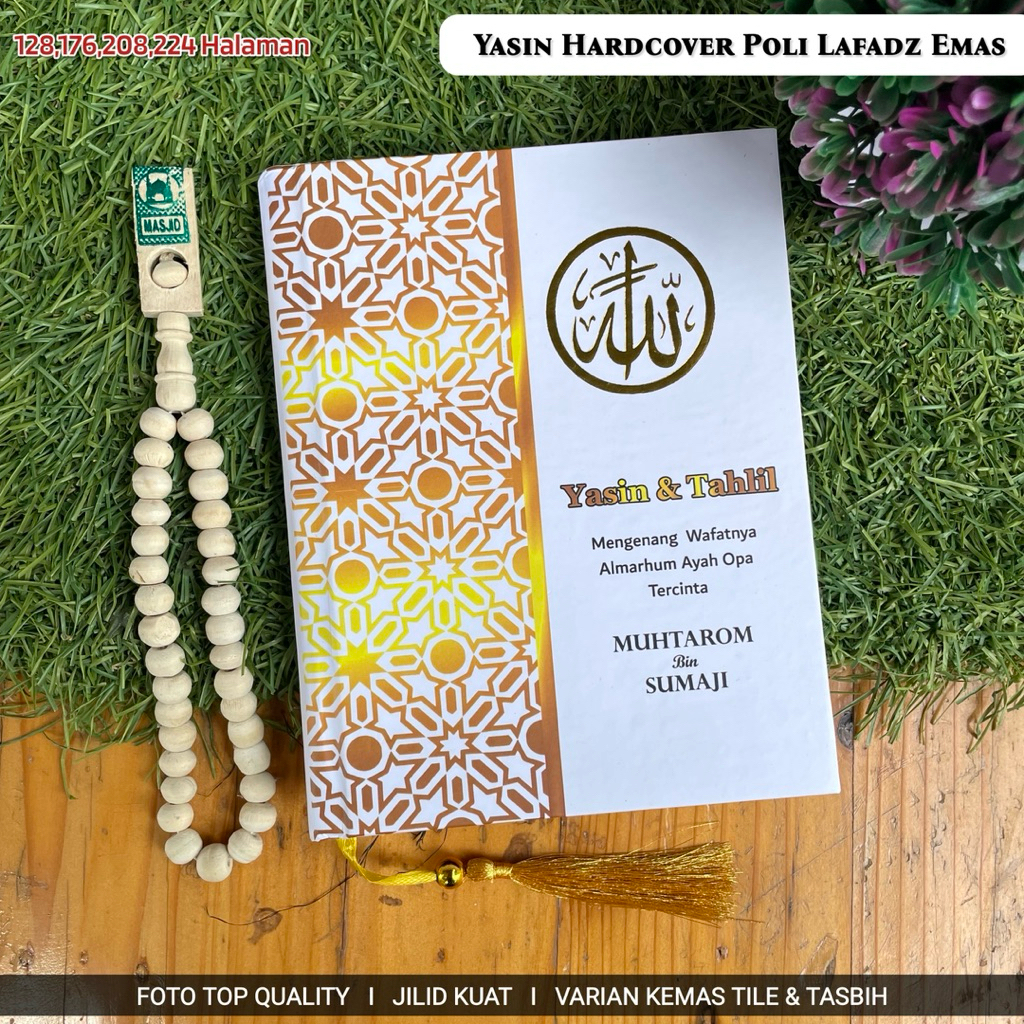 Buku Yasin Hardcover Custom Poli Lafadz Emas 128 Halaman, Kemas Tile & Tasbih