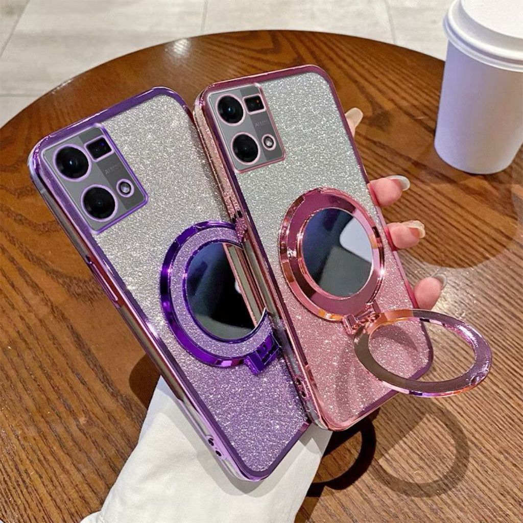 Casing OPPO RENO 7 4G / RENO 8 4G Soft Case Ring Standing Cermin Glitter Mewah Terbaru