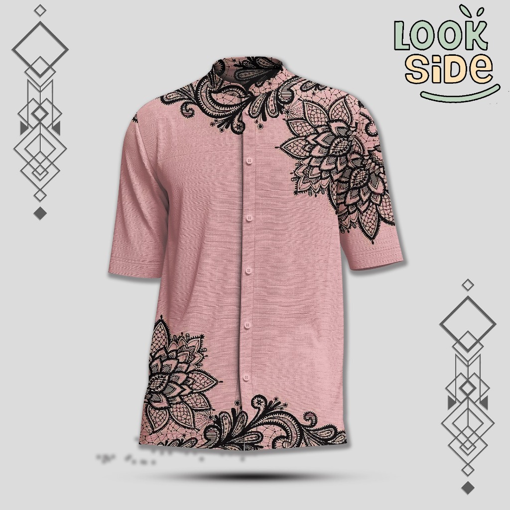 LOOKSIDE Kemeja Lengan Pendek Koko Batik Ornamen Black Lace Pink Fullprint Adem | KOLOK19