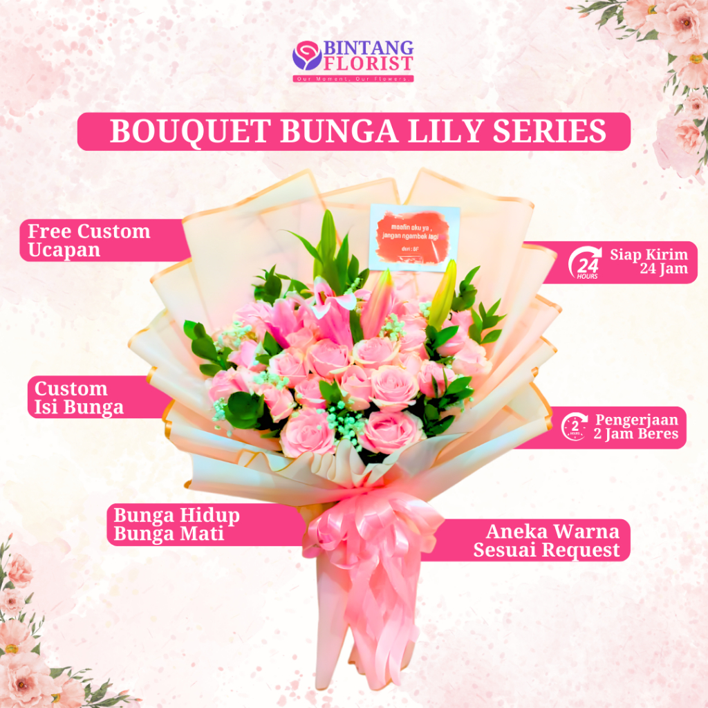 Buket Bunga Lily Mawar Pink Cantik – Bouquet Bunga Fresh/Artificial | Kado Hadiah Wisuda Ulang Tahun