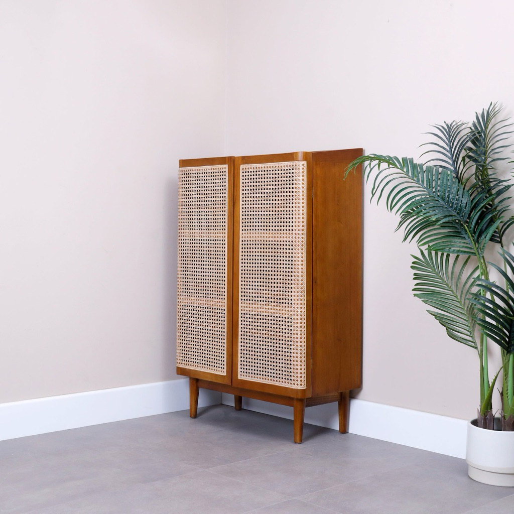 Vinteak wood - Lemari Sepatu Aesthetic Kayu Jati mix rotan minimalis/Rak sepatu tertutup minimalis k