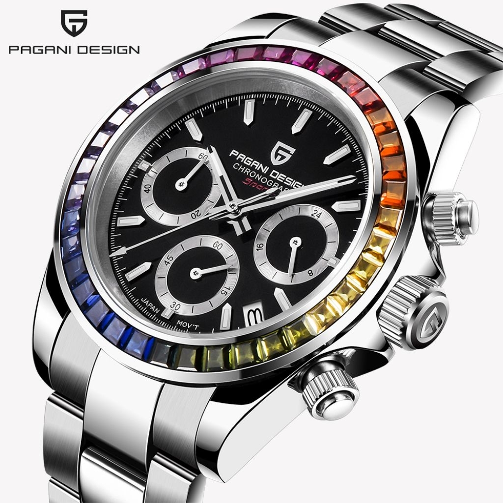 NEW PAGANI DESIGN DAYTONA RAINBOW BLACK DIAL QUARTZ SAFIR GLASS + AR COATING STEEL SOLID 316 L WR 10