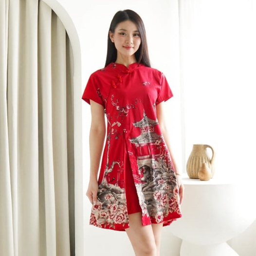 Dress Batik Cheongsam Merah Baju Terusan Imlek Remaja Modern Kekinian Kancing Shanghai