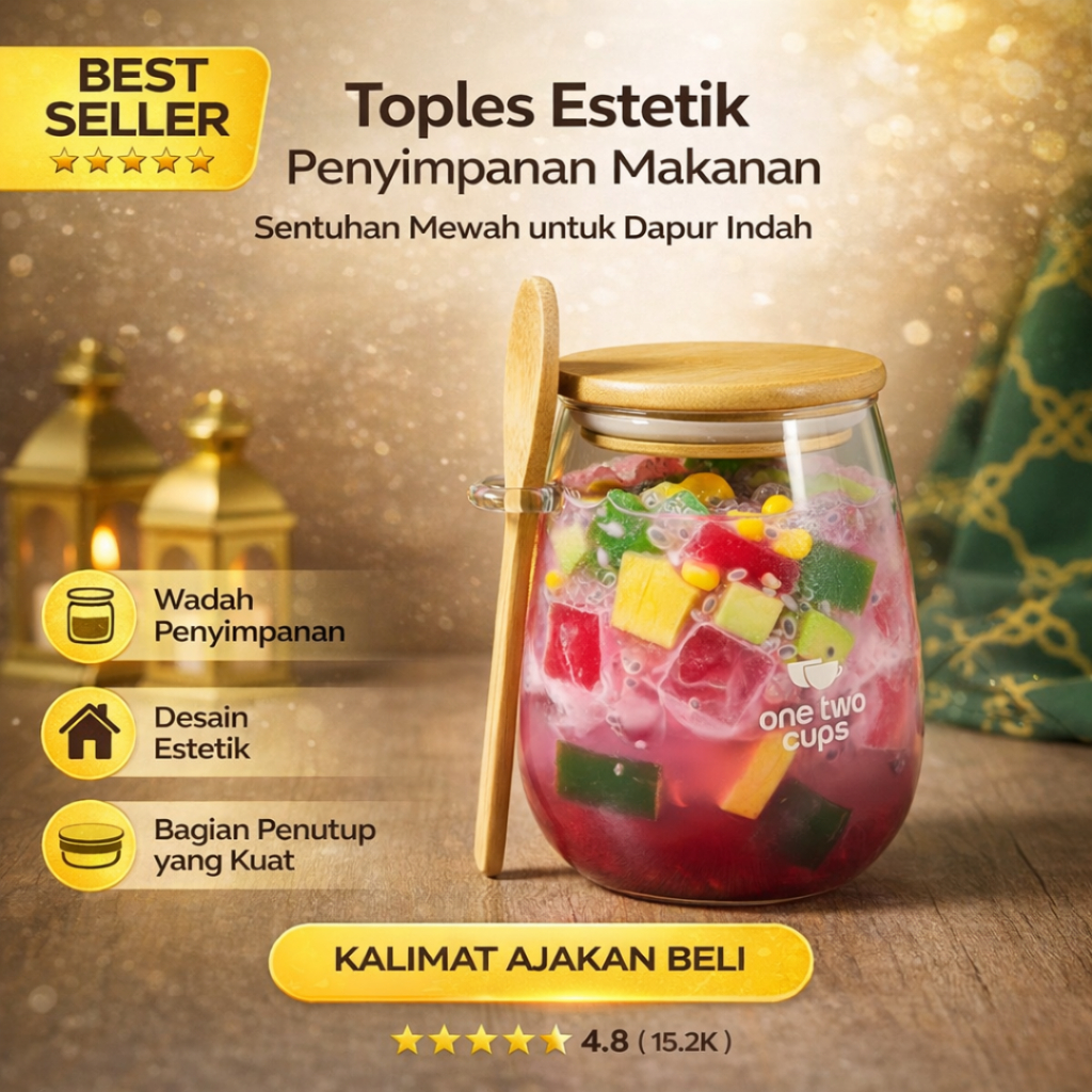 Toples Kaca Estetik & Gelas Es Campur - Wadah Bumbu Tutup Kayu + Sendok