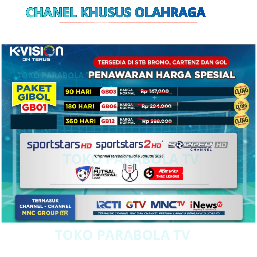 Paket Gibol GB01 k vision Gila bola channel khusus olahraga 30 hari gratis paket cling siaran nasion