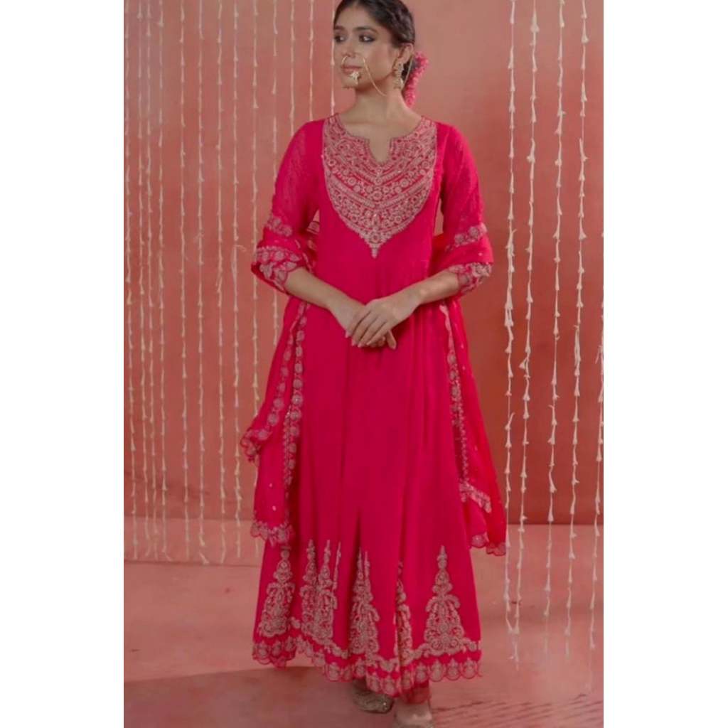 Dress Wanita India Sifon Merah Bordir Timbul Payet Silver | Maxi Pesta Elegan