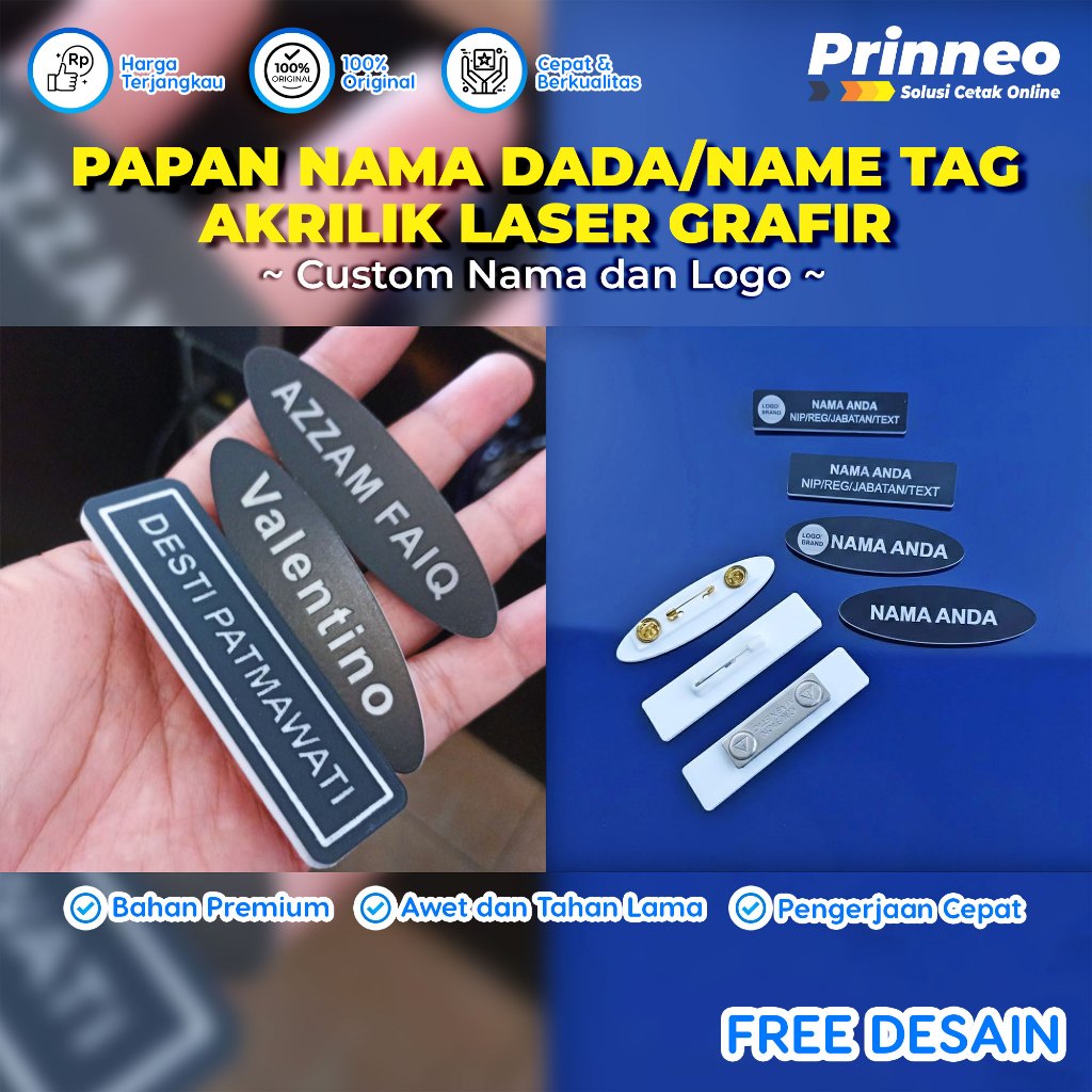 Name Tag Akrilik Custom Laser Grafir - Papan Nama Dada Magnet Peniti - Nametag Sekolah Kantor PNS