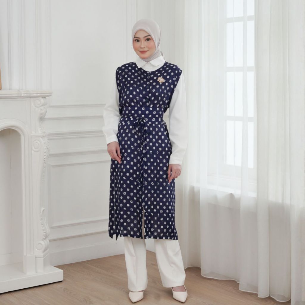 KINNAS - ALMA Long Outer Tunik Batik Viscose Loose Fit Kondangan Obi Belt Outer Long Wanita kekinian