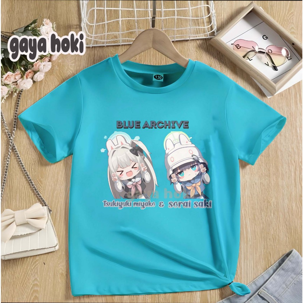 Baju Kaos Anak Gambar Anime Blue Archive Tsukiyuki Miyako & Sorai Saki Bahan Premium Cotton