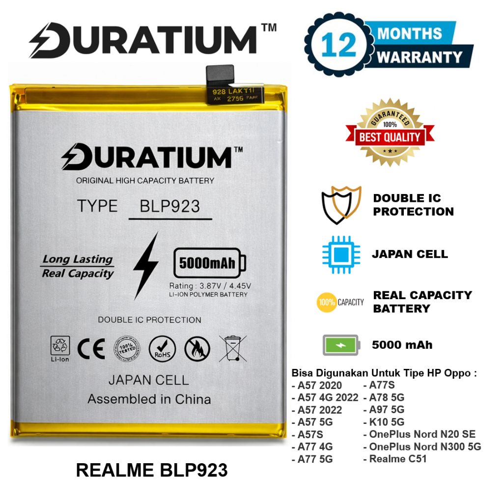 DURATIUM ORIGINAL Baterai Oppo BLP923 A57 2020 / A57 4G 2022 / A57 2022 / A77 4G / A77 5G / A77S / A