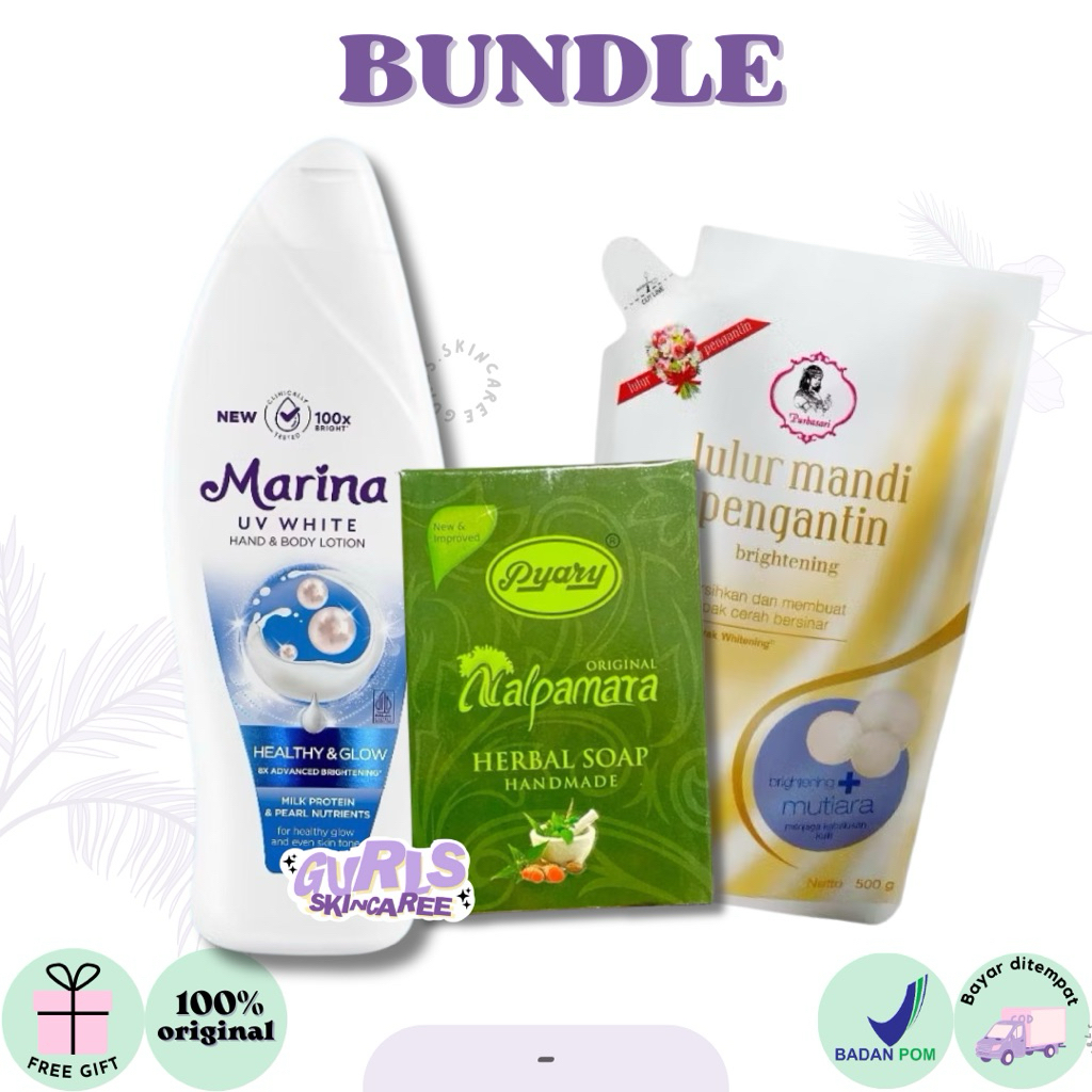 (BUNDLE) MARINA Healthy & Glow bodylotion 460ml | PURBASARI lulur mandi pengantin 500gr | PYARY nalp