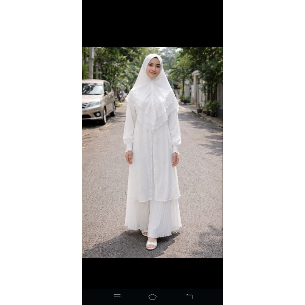 gamis putih bw kerudung segitiga serutyy manik