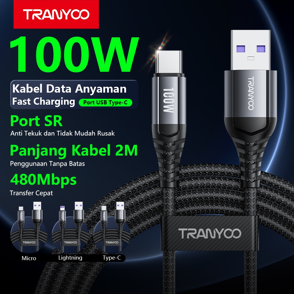 TRANYOO T-S16 Kabel Fast Charging 100W 5A Panjang 2 Meter Dengan Anyaman Aluminium Alloy, Mendukung 