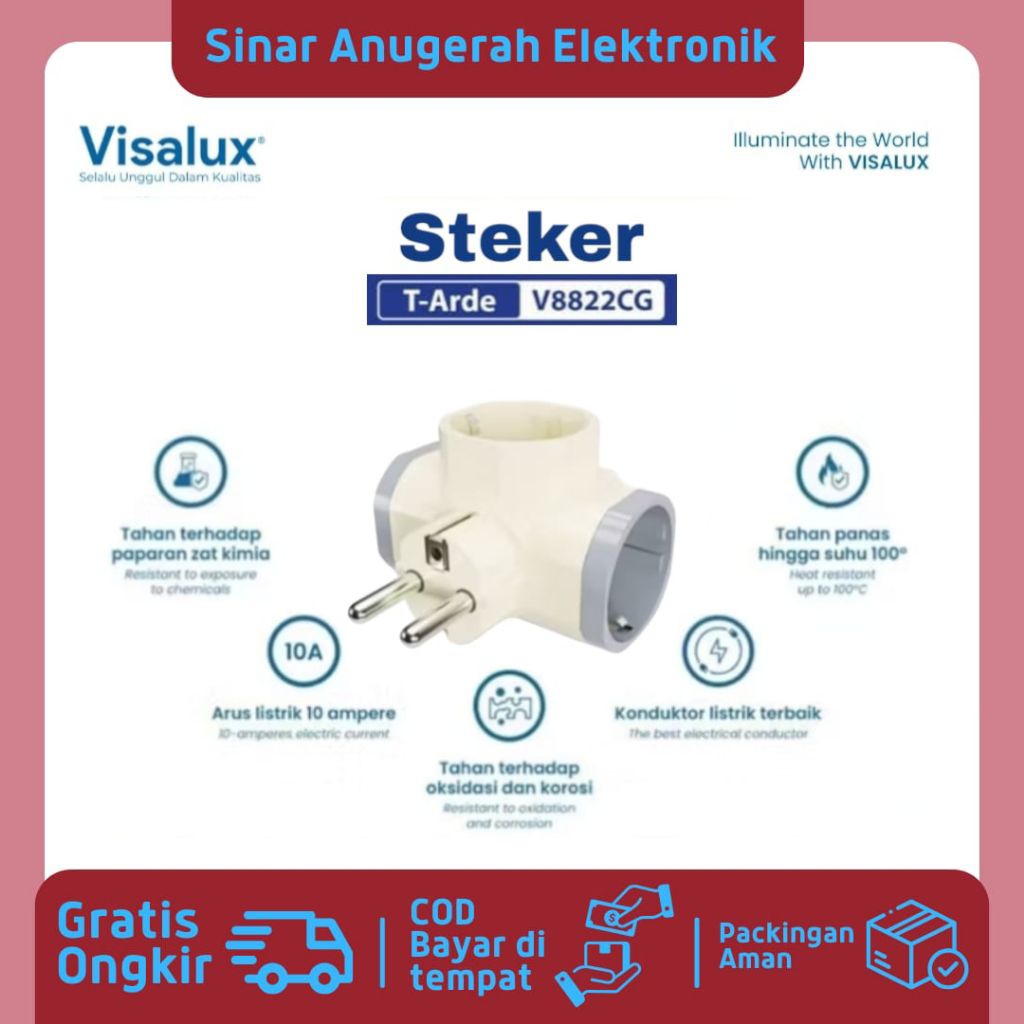 BISA COD VISALUX V8822CG STEKER T ARDE TEE KOMBINASI COLOKAN 3 CABANG TERMINAL KUNINGAN