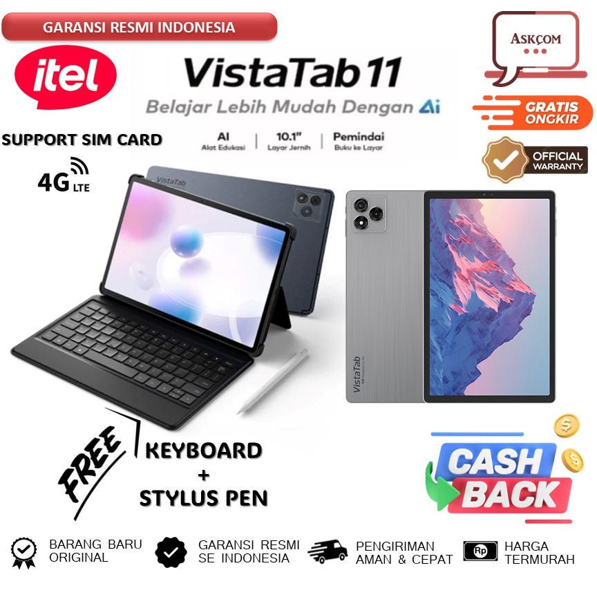 itel VistaTab 11 4G LTE Keyboard+Stylus PEN 4GB+128GB 10.1"inch IPS 6000 mAh GARANSI RESMI
