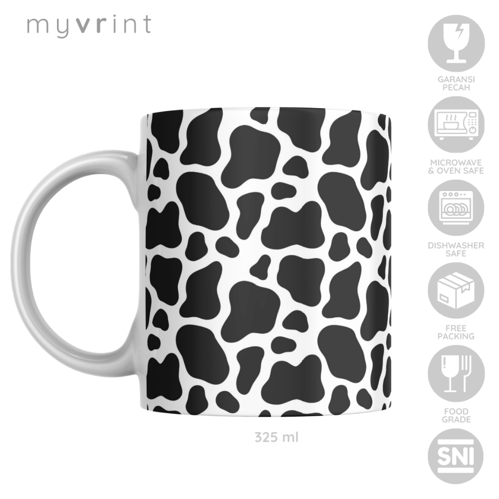Mug Custom Motif Sapi Gelas Pola Sapi Hitam Cangkir Monokrom