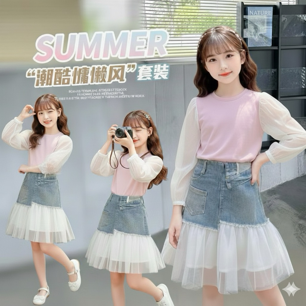 [Relinkids] Setelan Lengan Panjang Balon Rok Jeans Mevvah Anak Perempuan