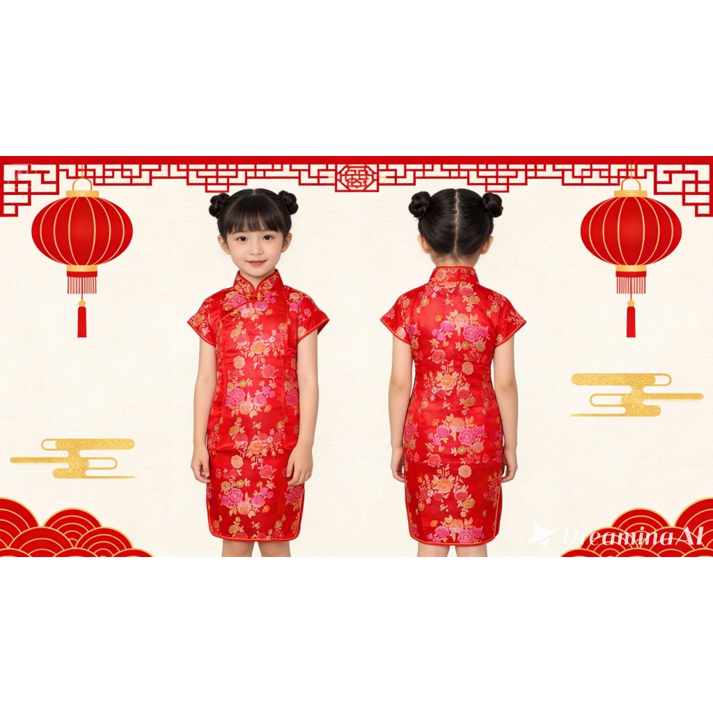 Dress Anak Perempuan Cheongsam Satin Premium  Motif Bunga Imlek
