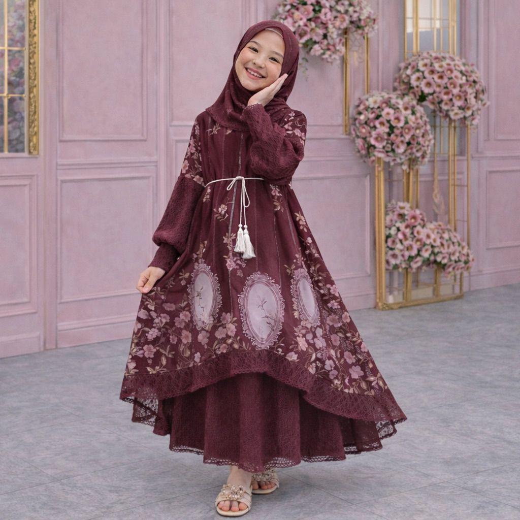 2-12tahun Gamis Anak Syari Lebaran Gamis trend terbaru Anak Perempuan Lengan Brokat