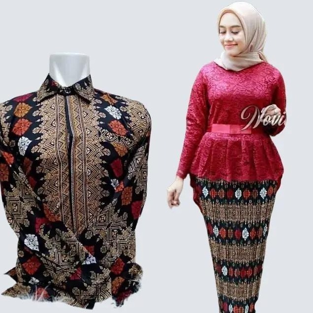 Couple kebaya brokat dan kemeja batik pria lengan panjang warna maroon