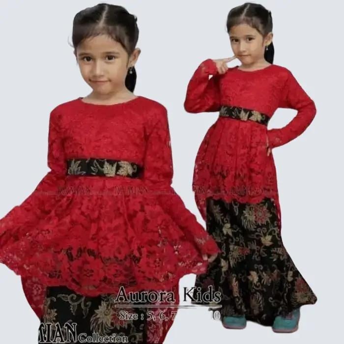 Setelan Kebaya Anak Perempuan Modern Model Aurora Bahan Brukat Warna Merah