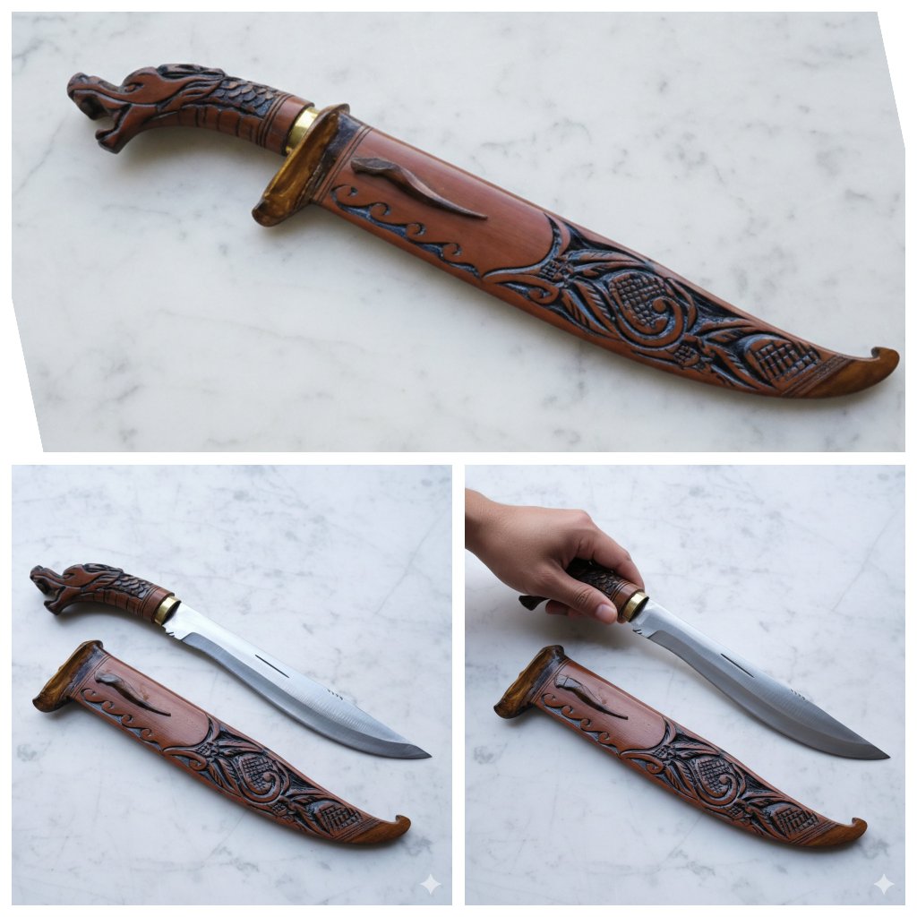 Pisau Baja Sembelih Mutu Motif Kayu Ukir Naga