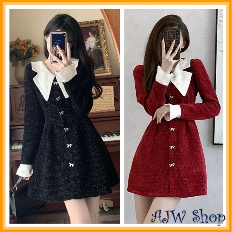 Mini Dress Wanita Rajut Lengan Panjang dengan Kancing dan Pita