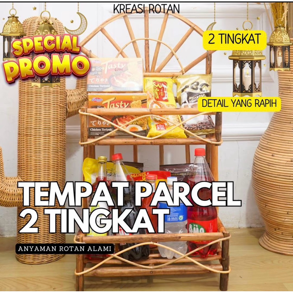 RANGKA KERANJANG PARCEL ROTAN 2 TINGKAT SIAP PAKAI