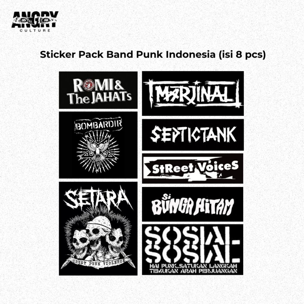 Sticker Pack Band Punk Indonesia 8 Pcs Vinyl Waterproof – Stiker Laptop Helm Motor Tahan Air - Marji
