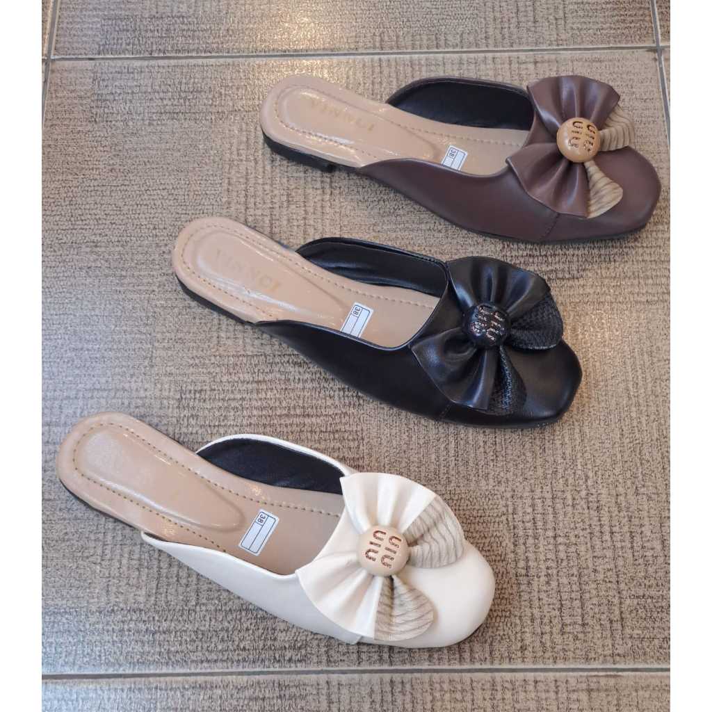 KDS | VNC Wanita Flatsoes Sepatu Toe Pita Mules Pita Bulat Sandal Selop Wanita Pita Besar Round Toe