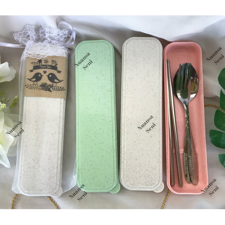 Souvenir Pernikahan Sendok Garpu Sumpit Stainless Sendok Set SGS Cutlery Set Box Go green Jerami