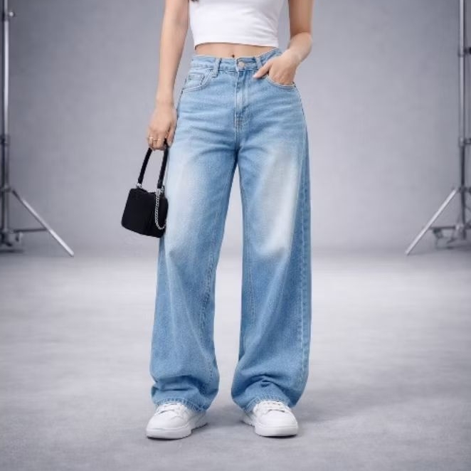 Celana Jeans Pria Baggy Loose Oversize Gombrong Lebar Skena Light blue whisker