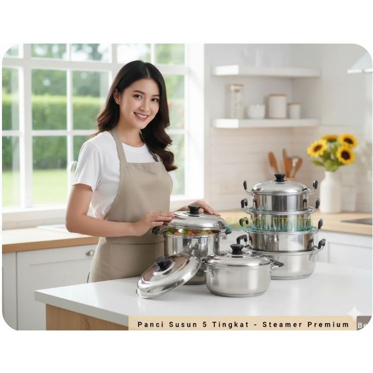 Panci set Stainless susun 5 Cookware Tutup Stainless + Steamer