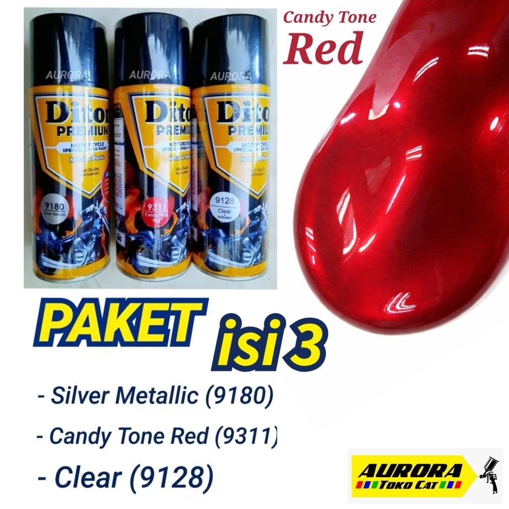 PAKET Diton Premium Candy Red Merah (Silver Metallic + Candy Tone Red + Clear)