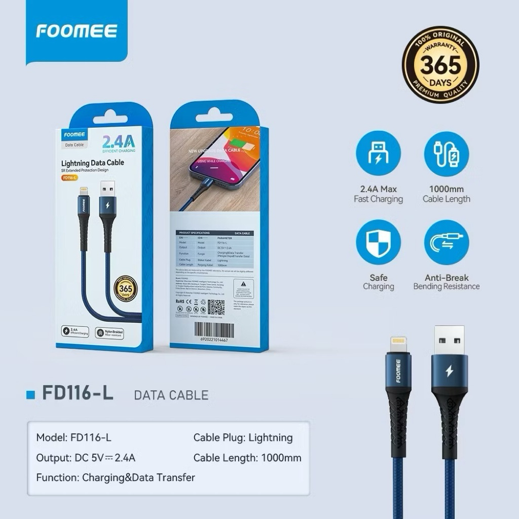 Foomee FD116-L Cable Lightning Fast Charging 2,4A Braide Nylon FD116L