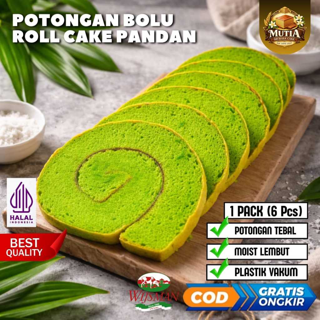 Potongan Bolu Roll Cake Pandan 250gram Premium Wisman Bolu Gulung Lapis Legit Cemilan Moist Lembut H
