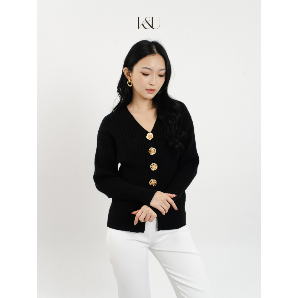 KUKAI | Fleur Cardigan - Women's Classy Knit Cardigan with 3D Gold Flower Buttons - Cardigan Knit Wa
