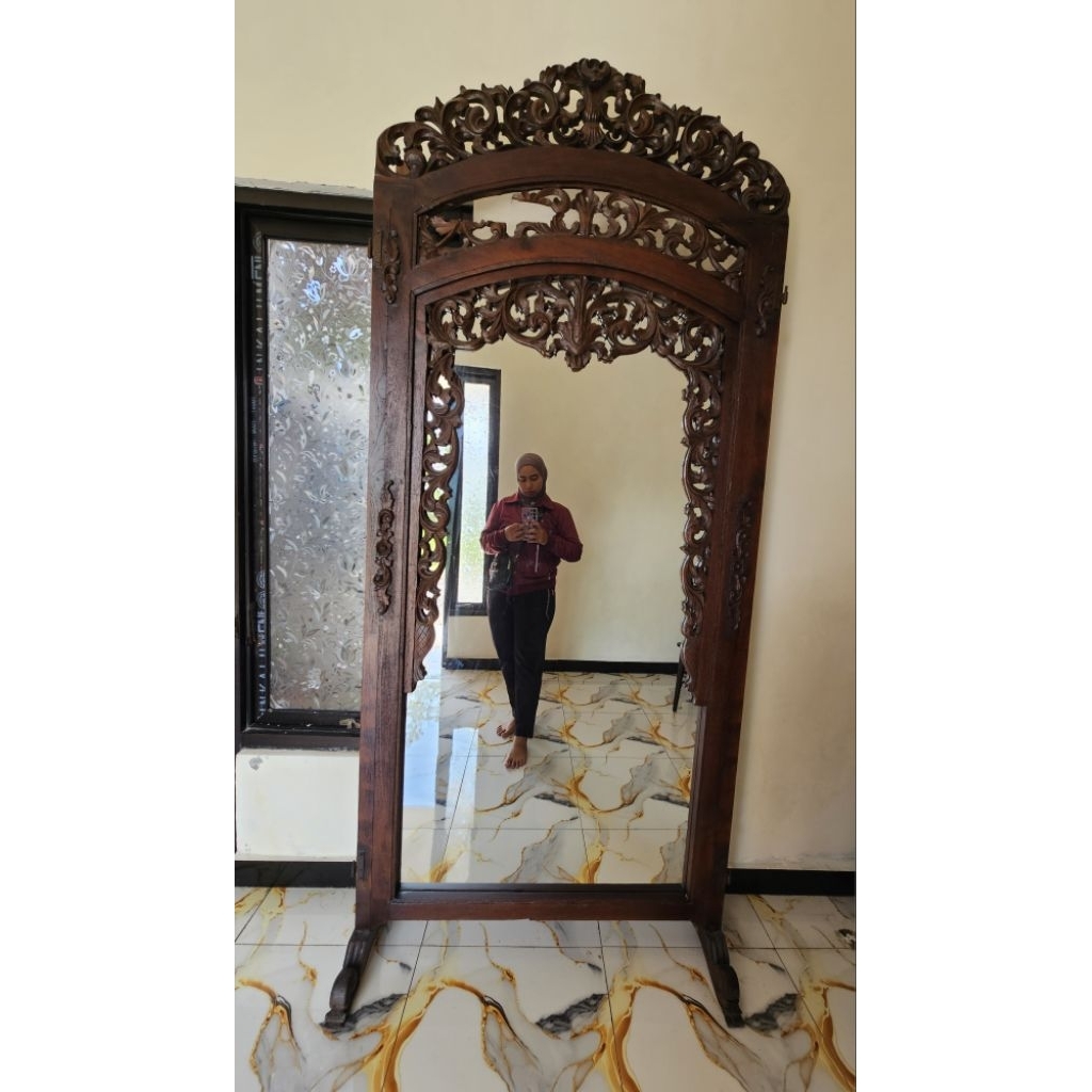 CERMIN UKIR SKETSEL JATI ANTIK / VINTAGE / LAWAS / JADUL