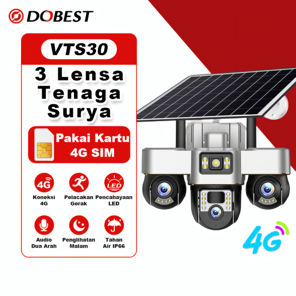 DOBEST CCTV Panel Surya 4G V380 Pro 3 Lensa 4K 30MP Solar Camera Outdoor Waterproof IP66 Audio