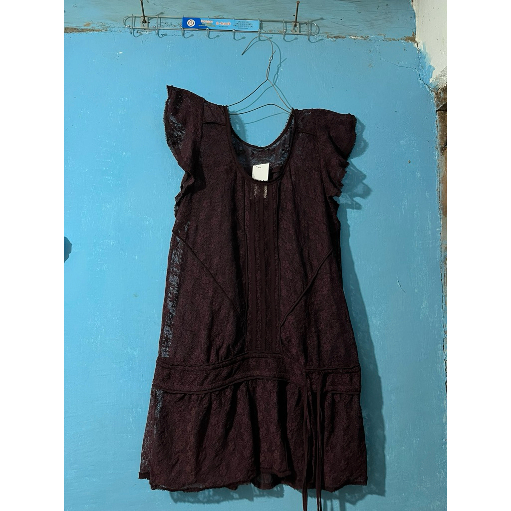 Dress Brokat Wanita Vintage Elegant – Lengan Pendek, Warna Maroon Tua