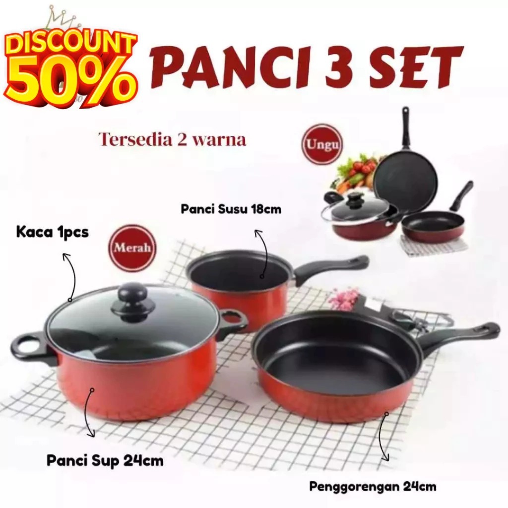 Set Panci 3 Pcs - Bahan Stainless Steel & Aluminium, Desain Elegan