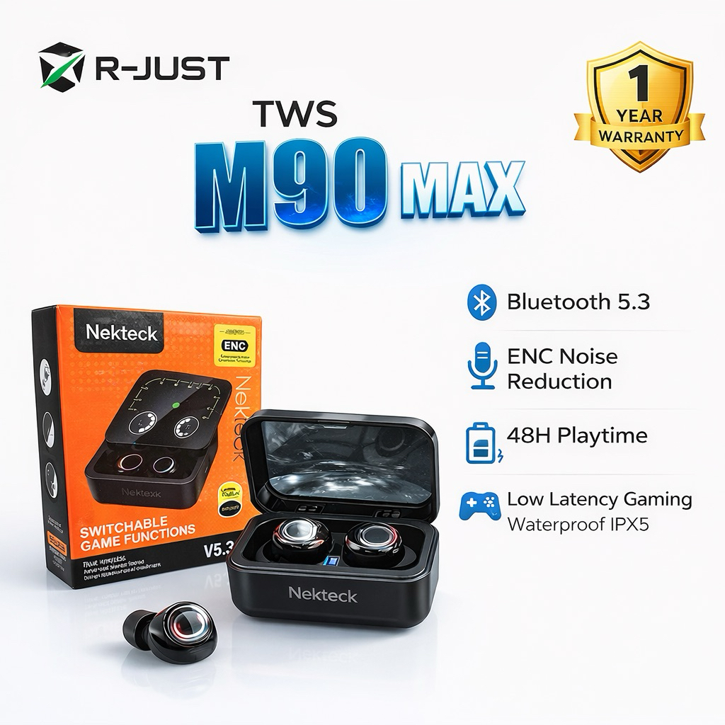 M90 MAX TWS NEKTECK Resmi GARANSI 1 TAHUN Earphone Wireless Headset Bluetooth, Hifi Jernih