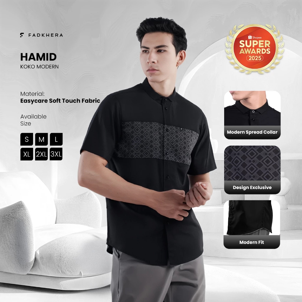 Baju Koko Pria Modern Formal Lengan Pendek XXL Soft Touch Geometris FADKHERA Hamid