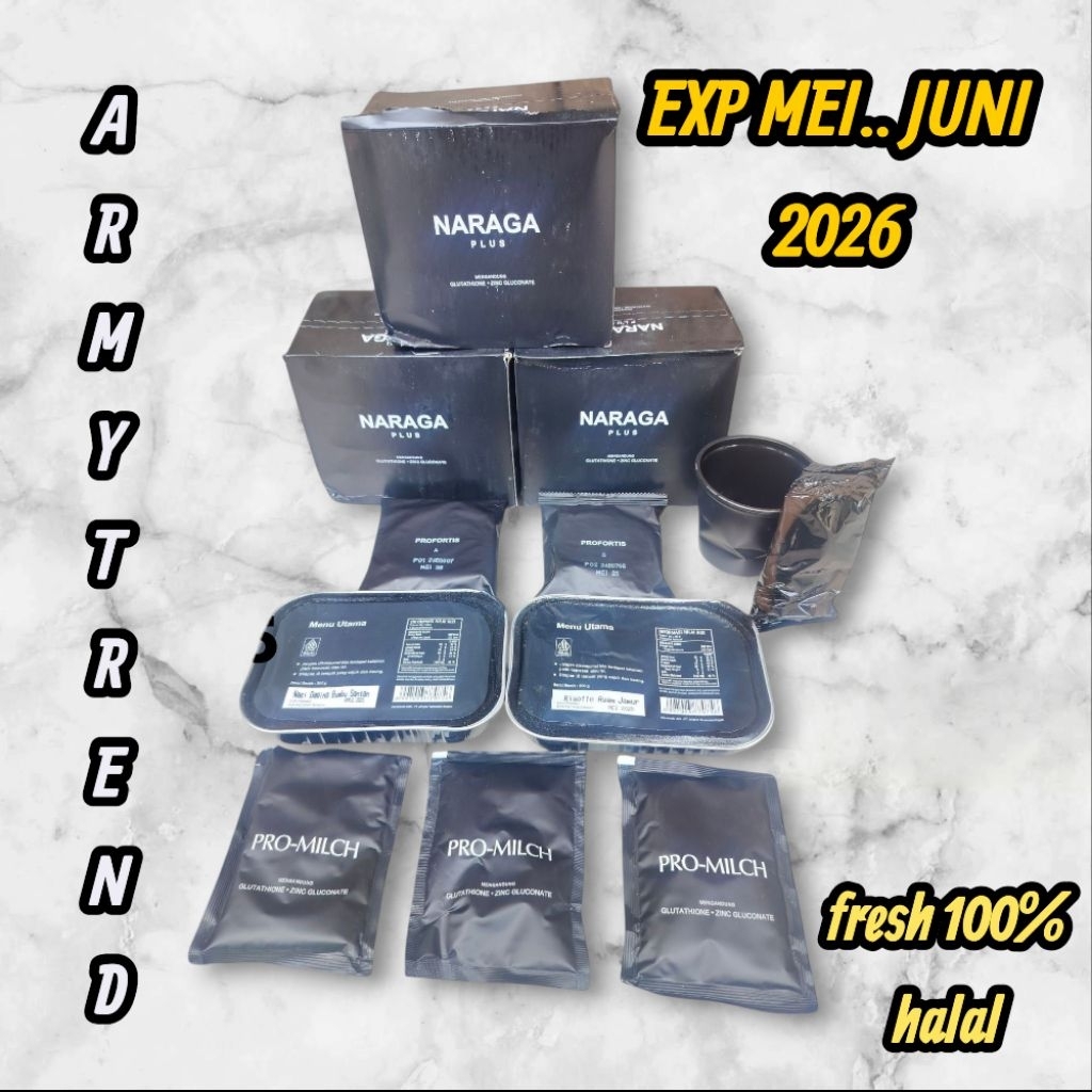 PROMO SATU PAKET DUS NARAGA PLUS RANSUM TNI NASI KALENG MAKANAN TNI exp MEI 2026 / RANSUM PLUS NARAG