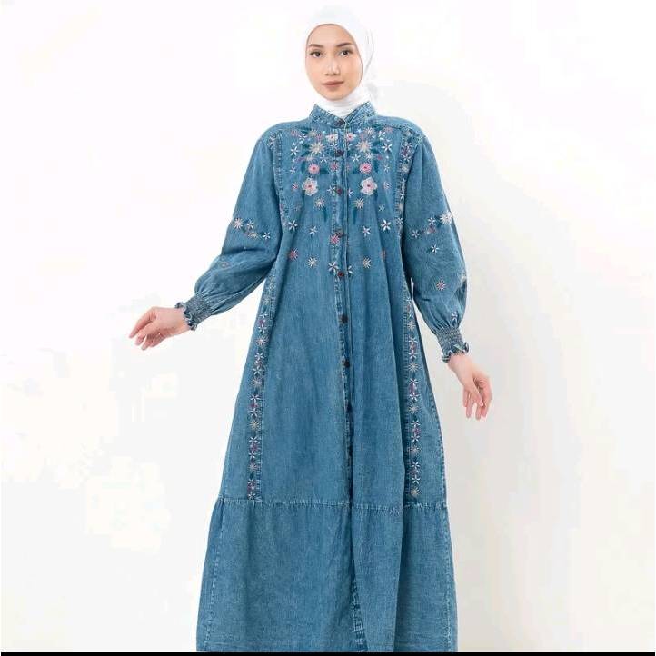 Gamis Denim Bordir Mewah Gamis Jeans Levis Bordir  Gamis Jeans Lebaran Dress Pesta Kondangan  Mewah