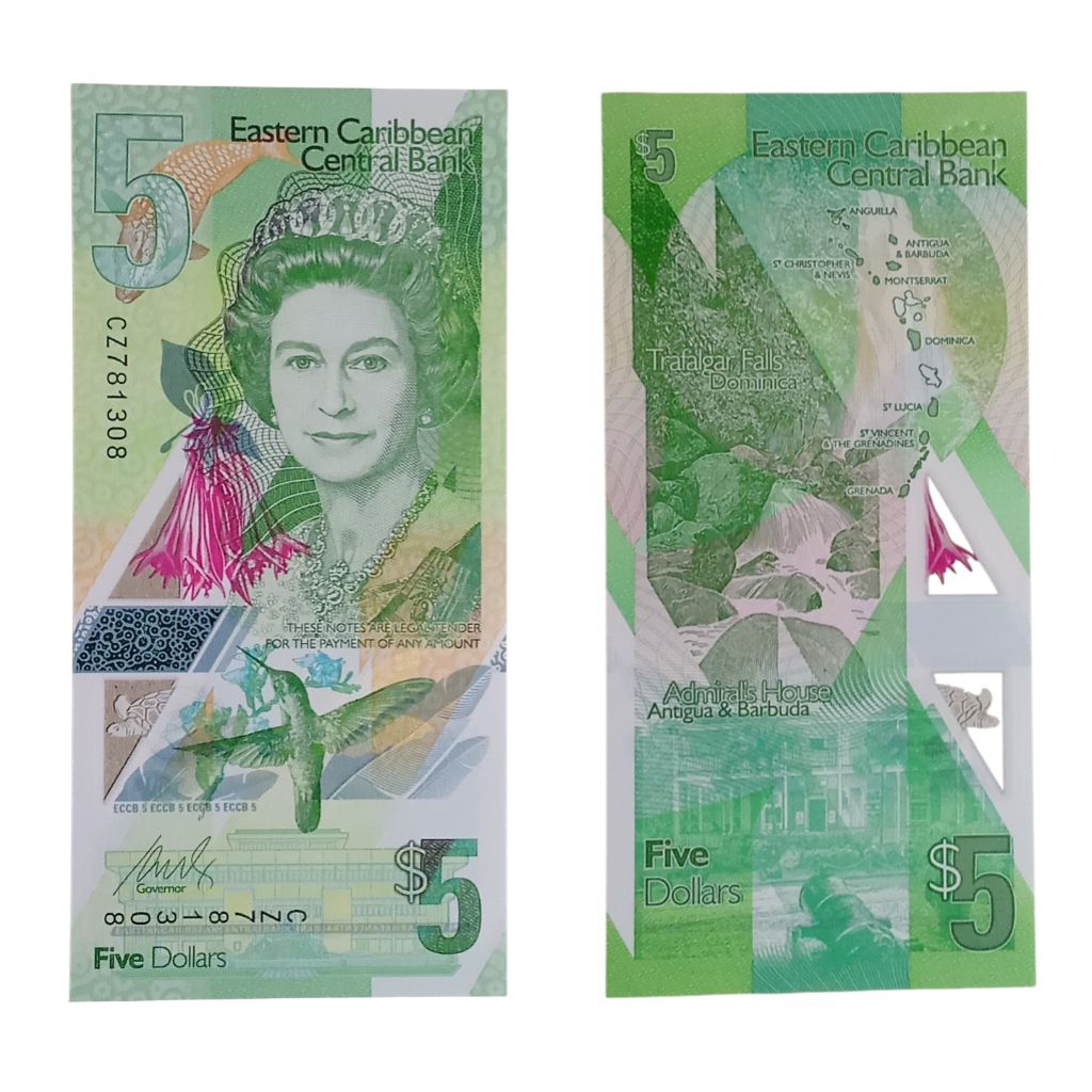 Uang Asing Eastern Carribean 5 Dollars Polimer, UNC